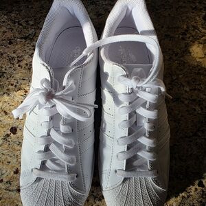 All White Adidas Superstars Size 10.5